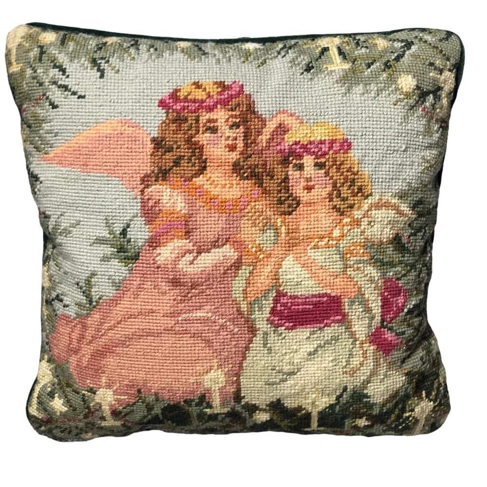 Vintage Needlepoint Angel Sisters 14x14 throw pillow